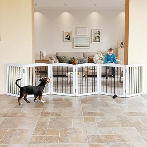 ZJSF Freestanding Panel Dog Gate for Indoor, Doorways,Stairs, or Hallways,Foldable Wooden White Dog Gates for House,Pet Gate for Dogs,Dog Fence, Puppy Gate,Support Feet Included,24 "Height-6 Panels
