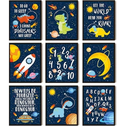 EAGLOG Kids Room Wall Art Set of 9, Nursery Space Dinosaur Inspirational Posters Prints,Numbers Learning Place Theme Paintings for Boys Girls Bedroom Baby Room Classroom Decor 8x10 Inch Unframed