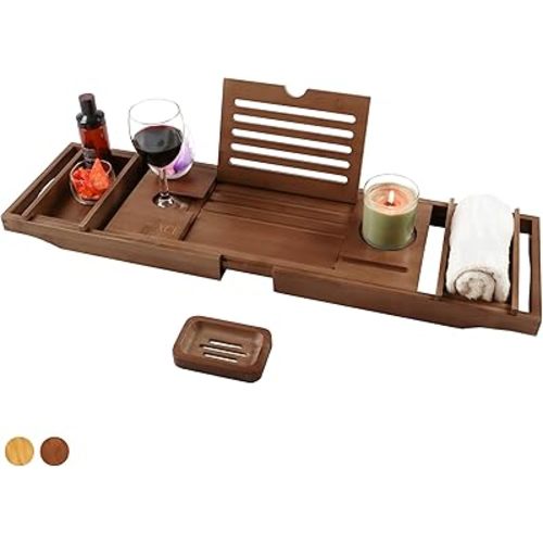 XcE Bathtub Caddy Tray Expandable to 105cm with Bamboo Book Stand and Soap Tray, Brown