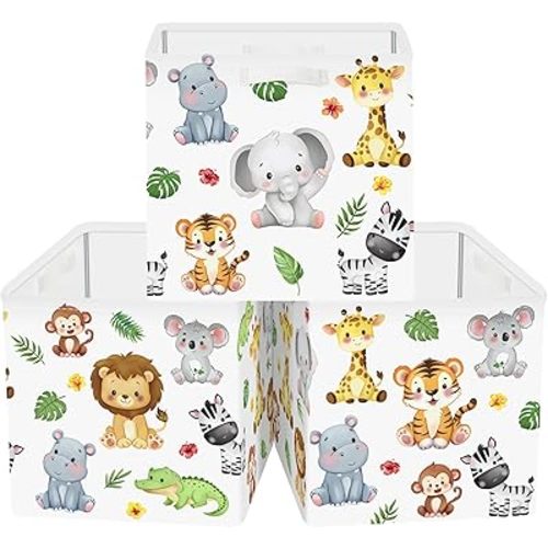 11.8" Jungle Animals Cube Storage Organizer Set 3Pcs Lion Giraffe Elephant Cube Storage Bin for Bathroom/Bedroom Parent Book Chest, Tiger