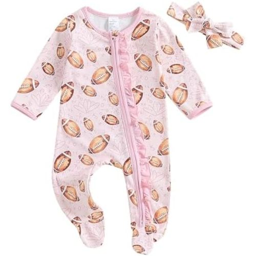 Newborn Baby Girl Football Romper Rugby Footie Long Sleeve Ruffle Zip Up Jumpsuit Onesie Headband 2Pcs Fall Clothes