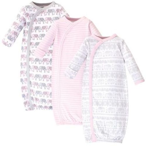 Touched by Nature Baby Girls Organic Cotton Side-Closure Snap Long-Sleeve Gowns 3pk, Pink Gray Elephant