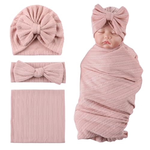 OMUKY Newborn Receiving Blanket Bow Headband and Beanie Set Baby Swaddle Receiving Blankets Baby Boy Girls Nursery Swaddle Wrap(Pink)