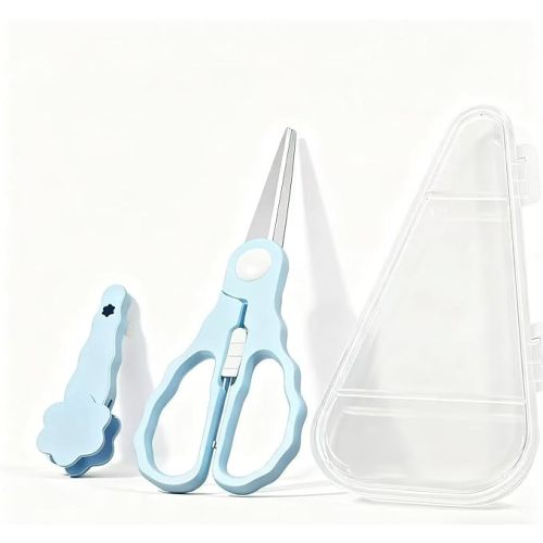 Baby Food Scissors with Travel Case, Portable Stainless Steel Shears with Safety Lock, Dishwasher Safe, Kitchen Scissors, Healthy Food Cutter with Dust Cover, Blue