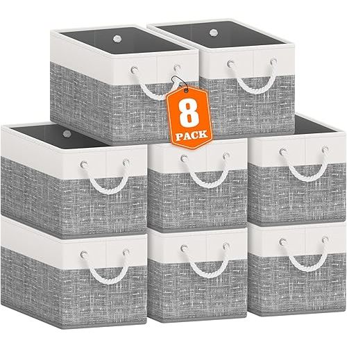 Fab totes Storage Bins [8-Pack], Foldable Storage Baskets for Organizing Toys, Books, Shelves, Closet, Large Storage Box with Rope Handles, Sturdy Organizer Bins, White & Grey
