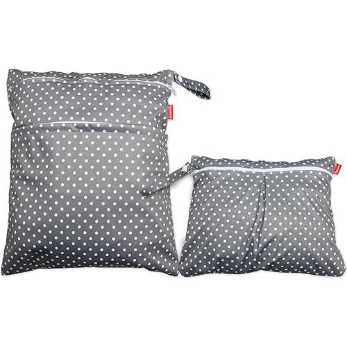 Damero 2pcs Wet and Dry Bag, Travel Wet Dry Bag with Handle for Cloth Diaper, Pumping Parts, Clothes, Swimsuit and More, Gray Dots