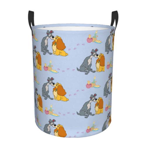 Lady And The Tramp Laundry Hamper With Handle Funny Waterproof Foldable Circular Storage Bin Toys Clothes Round Organizer Basket for Bedroom Bathroom Home Kids Medium