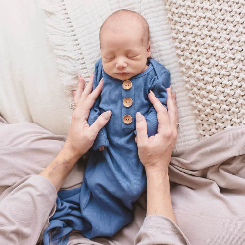 Steel Blue Ribbed Bamboo Baby Knot Gown & Hat