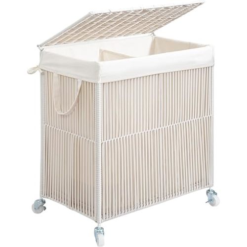 WOWLIVE Laundry Hamper with Wheels, Handwoven Rolling Laundry Basket with Lid, Clothes Hamper with Divided Removable Liner Bag, 115L Large Capacity Laundry Sorter Laundry Room Organization, White