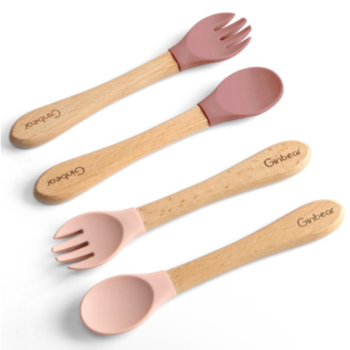 Amazon.com: Ginbear Silicone Baby Spoon and Fork Self-feeding, Baby Flatware Sets for Girl, Toddler Feeding Utensils for Child 6 Months+ (Mauve/Pink) : Baby