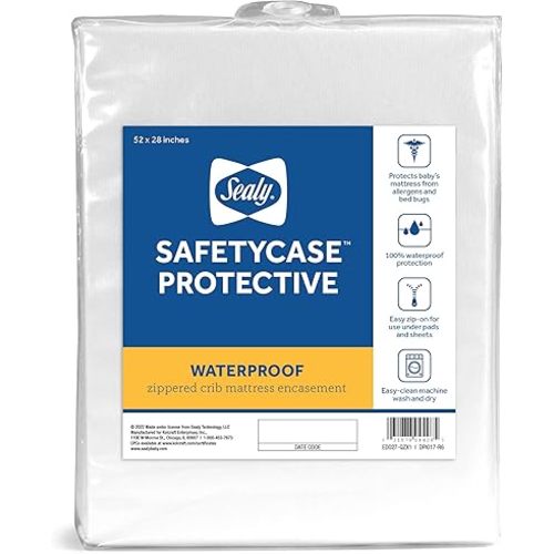 Sealy Baby SafetyCase Protective Waterproof Fitted Zippered Toddler Bed and Baby Crib Mattress Encasement, Waterproof Crib Mattress Protector, Machine Washable/Dryer Friendly, 52" x 28" - White