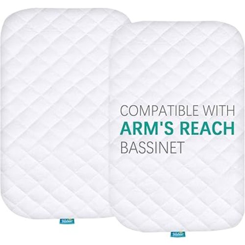 Waterproof Quilted Bassinet Mattress Pad Cover Compatible with Arm's Reach Clear-Vue, Cambria, Mini Ezee 2 in 1Co-Sleeper Bassinet 2 Pack, Ultra Soft Viscose Made from Bamboo Terry Surface