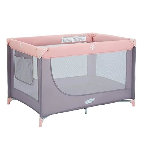 Pamo Babe Compact Pack and Play - Portable Crib for Baby, Lightweight Foldable Travel Playard with Mattress Pad & Carry Bag, Safe Breathable Travel Bed for Home, Trips & Family Visits, Pink