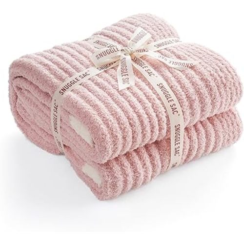 Snuggle Sac Pink Ribbed Queen Size Blanket for Bed, Soft Luxurious Bedding Blankets, Large Fuzzy Plush Microfiber Blankets Pink, 90x90 inches