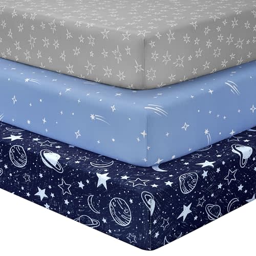 Unnivoll Baby Crib Sheets for Boys Girls, Fitted Crib Sheet Neutral 3 Pack for Standard Crib and Toddler Mattress, Breathable Soft Microfiber Baby Sheet 28x52x8in Blue Gray Planet