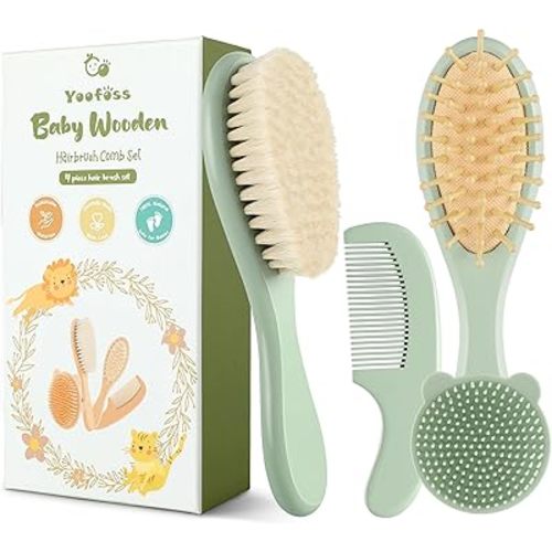 Yoofoss 4 Piece Baby Hair Brush and Comb Set,Wooden Baby Hair Brush with Natural Ultra Soft Goat Hair, Baby Comb Set for Boy, Girl - Green