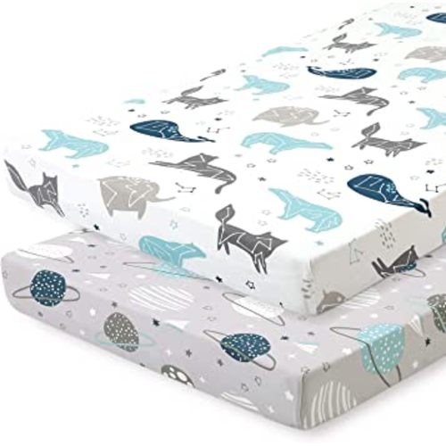 Pack n Play Sheets, BROLEX 2 Pack Mini Crib Sheets,Stretchy Portable Fitted Playard Sheet Set, Convertible Playard Mattress Cover,Ultra Soft Breathable Material,Space Planet