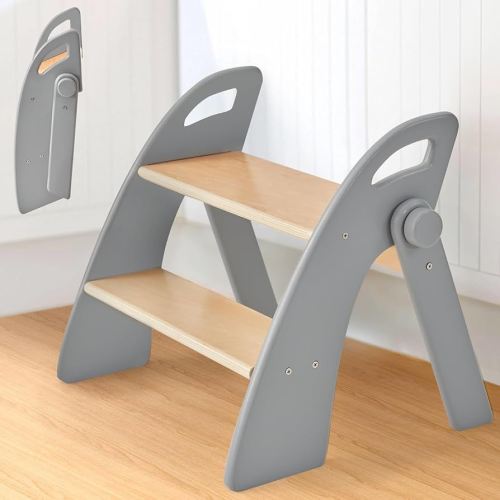 Wooden Step Stool, Two Step Stools, 300 lb. Load Capacity, with Safety Non-Slip Pads and Handles, Bamboo Step Stool for Bathroom and Kitchen, Children's Double Height Step Stools (Grizzly)