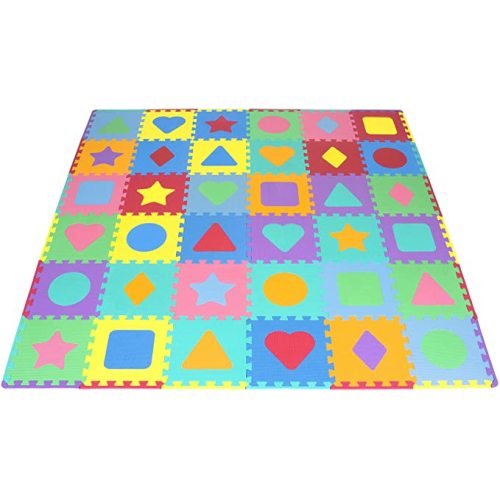 ProSource Kids Foam Puzzle Floor Play Mat with Shapes & Colors 36 Tiles, 12"x12" and 24 Borders