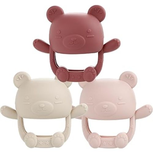Bear Silicone Baby Teether Teething Toys for 0-12 Months Infants, Food Grade Silicone Teething Mitten, Hand Teether for Sucking Needs, Baby Teether Toys Baby Chew Toys, BPA-Free, Pain Relief (Pink)