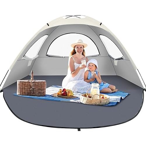 Beach Tent Sun Shelter for 3-4Person, Lightweight Beach Tent with UV Protection, 3 Mesh Roll Up Windows & 8.0mm Fiberglass, Easy Assemble