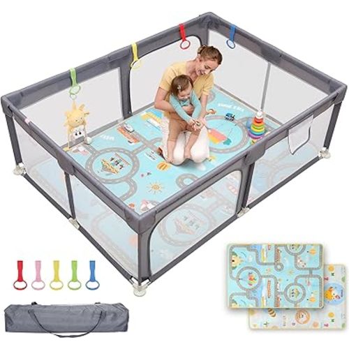 Dripex Baby Playpen with Mat, 71"x47" Play Pen for Toddlers 1-3 Years, Soft Breathable Visible Mesh, Indoor/Outdoor Portable Play Yard with Mat, Safe Baby Fence Play Area, Light Grey