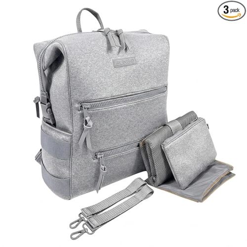 BUNSO Neoprene Diaper Bag Backpack, Water-resistant, Travel Baby Bag With Changing Pad, Stroller Straps, Wet Bag and Pouch (Gray)