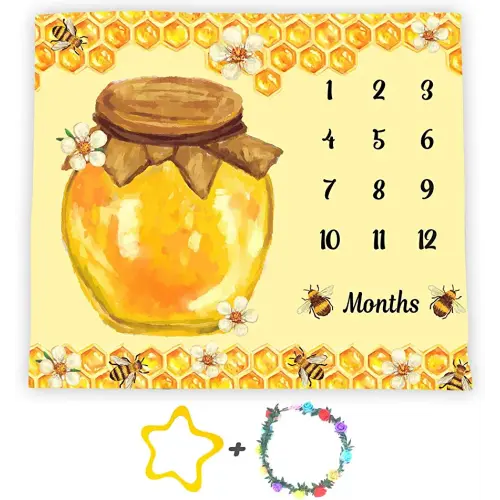 Bees Theme Baby Monthly Milestone Blanket, 48x40in Soft Flannel, Honey Jar Backgrounds, Newborn Mom Gifts, Baby Shower Age Growth Tracker with Bonus Maker BTLSFS35