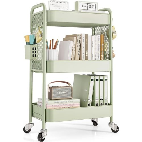 TOOLF Metal Utility Carts, 3 Tier Rolling Carts with Wheels, Storage Organizer with Pegboard Hooks Bins for Bathroom Kitchen Laundry Office, Three Tier Cart for Book Diaper & Art Supplies, Green