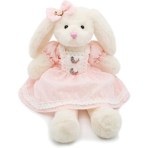 Small Soft Stuffed Animal Bunny Rabbit Plush Toy for Baby Girls 15inch (White Rabbit Wearing Pink Retro Dress)