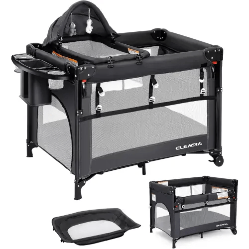 ELEMARA 5 in 1 Pack and Play, Adjustable Baby Bedside Bassinet Sleeper,1-Second Setup Foldable Playard from Newborn to Toddles,Bedside Crib with Changing Table,Portable Travel Bassinet,Ziper Door,Gray