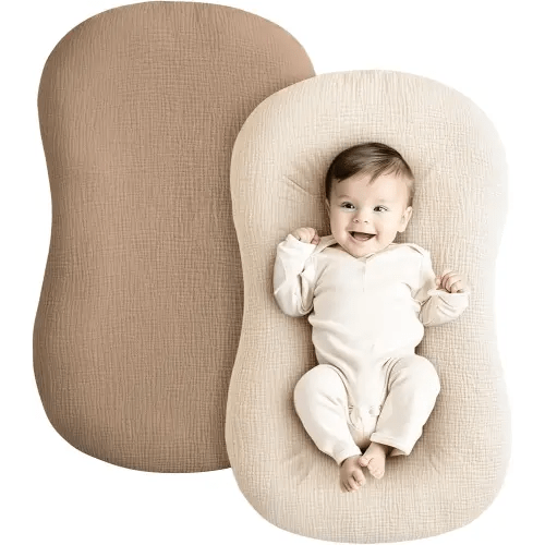 Konssy Muslin Baby Lounger Cover 2 Pack, 100% Cotton Newborn Lounger Cover, Soft and Breathable Lounger Slipcover for Boys Girls, Covers Only (Brown,Wheat)