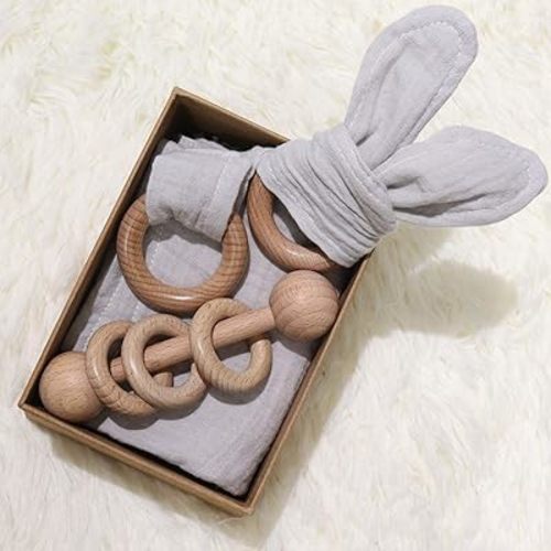 Baby Lovey, Wood Rattle, Teether Ring, 3 Pack Montessori Gift, Gray, Cotton, Double Gauze, Baby Shower, Gender Neutral Gift