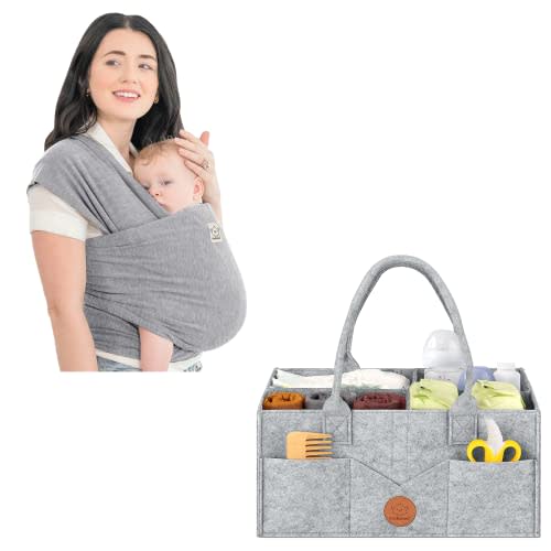 KeaBabies Baby Wrap Carrier and Baby Diaper Caddy Organizer - All in 1 Original Breathable Baby Sling - Large Baby Organizer - Lightweight,Hands Free Baby Carrier Sling - Large Baby Organizer