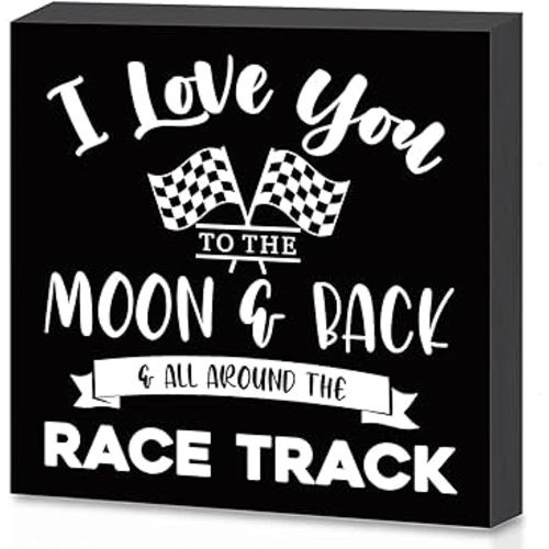 I Love You To The Moon And Back And All Around The Race Track Desk Decor Wooden Block Sign Racing Checkered Flags Decor, Wall Art Sign Boys Room Shelf Table Decor(6×6 Inch)