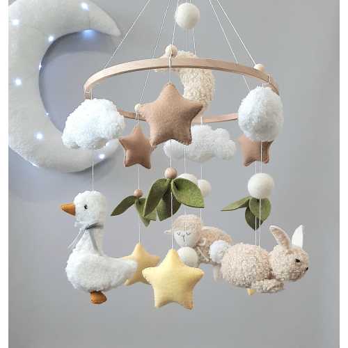 Felt mobile, boucle mobile, forest mobile, sheep, goose, hare, mobile in the crib, gift to the child, pendant in the crib, sheep mobile