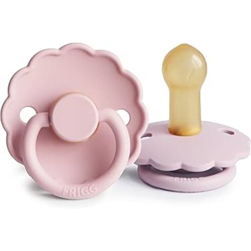 FRIGG Daisy Natural Rubber Baby Pacifier | Made in Denmark | BPA-Free (Baby Pink/Soft Lilac, 6-18 Months) 2-Pack