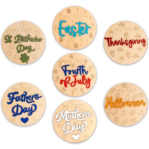 GIOGUK 7pcs My First Holiday Photo Wooden Props, My First Holiday Milestone Cards, Newborn, Baby Photo Shoot Decorations, Baby Shower Party Supplies, First Holiday Anniversary (My First Photo Prop)