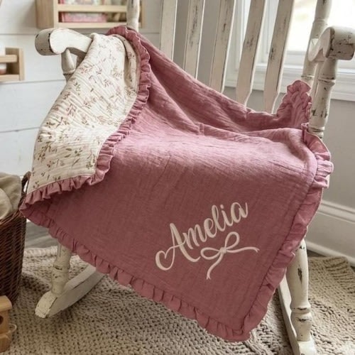 Personalized Muslin Cotton Blanket | Blush Pink Floral Baby Girl Swaddle