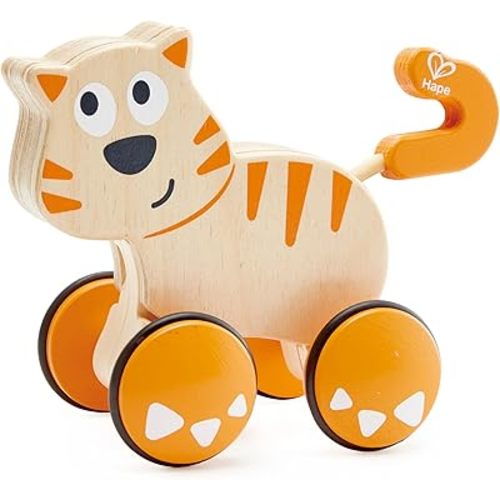 Hape Dante Push and Go | Wooden Push, Release & Go Cat Toddler Toy with Wheels