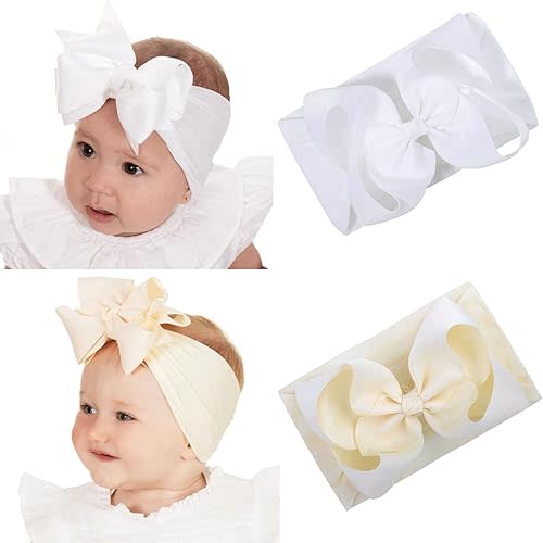 2PCS Baby Bows Headbands Baby Girls Nylon Headbands Hairbands Hair Accessories for Newborn Infant Toddlers Kids (White/Ivory)
