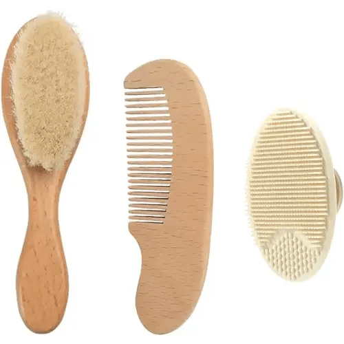 PandaEar 3 Pack Baby Brush and Comb Set Newborn, Silicone Cradle Cap Brush for Babies, Soft Newborn Hair Brush with Soft Goat Bristles, Wooden Toddler Comb Hairbrush Set for Boys and Girls