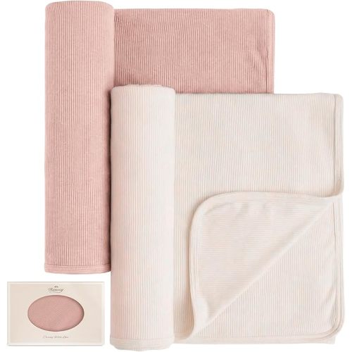Konssy Ribbed Knit Baby Blankets 2 Pack, Stretchy Lightweight Swaddle Blanket for Boys & Girls, Soft Cozy Receiving Wrap for Newborns, Infants, & Toddlers, 33x42 Inch