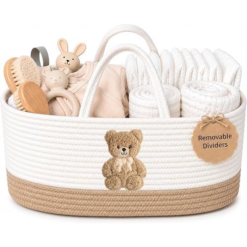 Baby Diaper Caddy Organizer, Teddy Bear Cotton Rope Nursery Basket