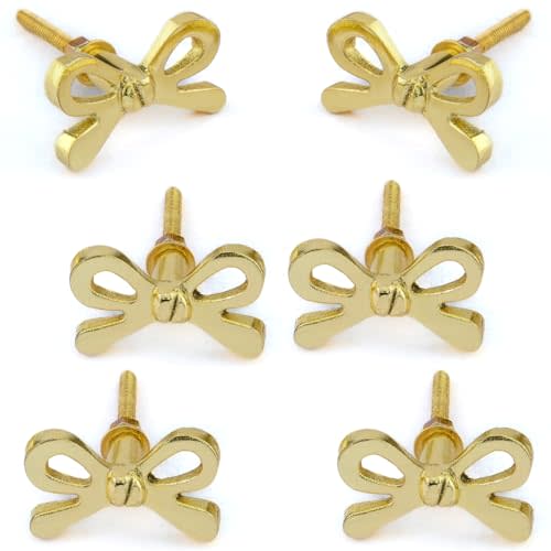 Perilla Home Set of 6 Brass Bow Knobs for Cabinet & Drawers Decorative Bow Knobs for Home Kitchen Cabinet Hardware Cupboard Metal knobs Door Dresser Wardrobe and Drawer Pulls