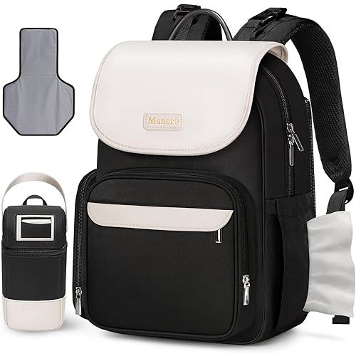 Mancro Small Diaper Bag Backpack with Changing Pad, Stylish Diaper Bag with Insulated Bottle Pocket, Water Resistant Baby Bags for Mom for Travel with Stroller Straps, Black-White