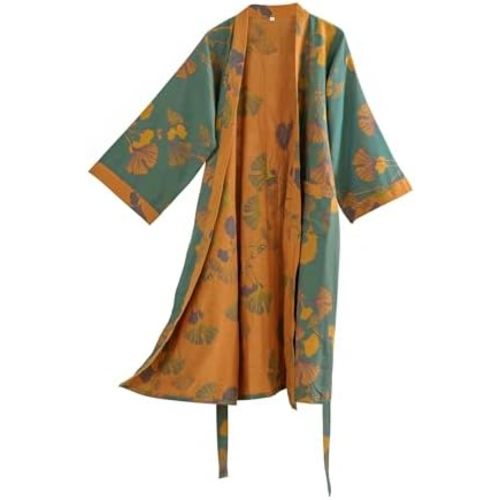 Purefair 100% Cotton Gauze Ginkgo Leaf Kimono Robe, Long Knit Loose Bathrobe Nightgown Ladies Loungewear Sleepwear for Women