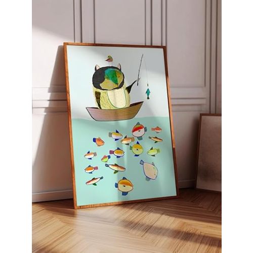 Nationcog Fishing Bear Art Print, Nursery Wall Art, Gift for Children, Bright Colorful Prints, Decor, Boys and Girls, Illustration, Fish (Unframed) (16x24)