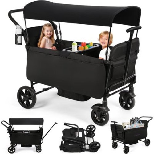 Vomeast Wagon Stroller for Kids, Spacious 2-Seater Stroller Wagon with Adjustable Canopy for Toddlers, Pull & Push Handle, 5-Point Harness, Foldable, Black