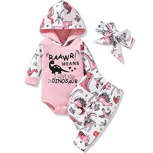 MINIFEIKO Newborn Infant Baby Girl Dinosaur Outfit Long Sleeve Hoodie Romper Bodysuit and Pants with Headband Set